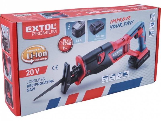 EXTOL PREMIUM Chvostová akumulátorová píla Share 20V, 1 x 2 Ah Li-ion, 1,6 A nabíjačka, dĺžka kmitu 20 mm