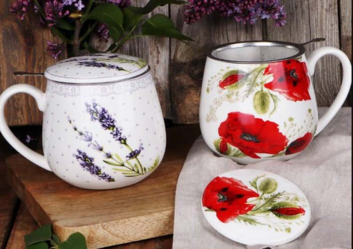 Hrnček porcelán 430ml  LISE s kovovým sitkom a vrchnákom