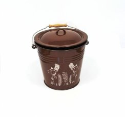 Smaltovaný kbelík 10l /28 cm s víkem hnědý dekor ptáček